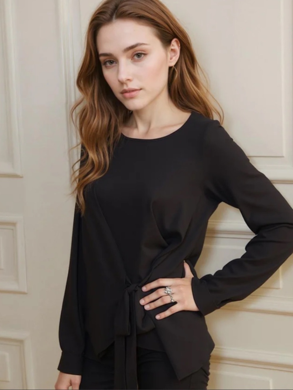 Pleione Self-Tie Wrap Front black long sleeves round neckline Blouse